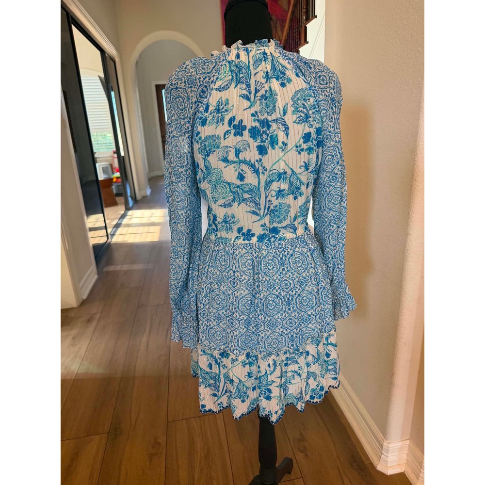 Hemant and Nandita Blue White Floral Metallic Lurex Tassel Mini Dress XS - Picture 2 of 5